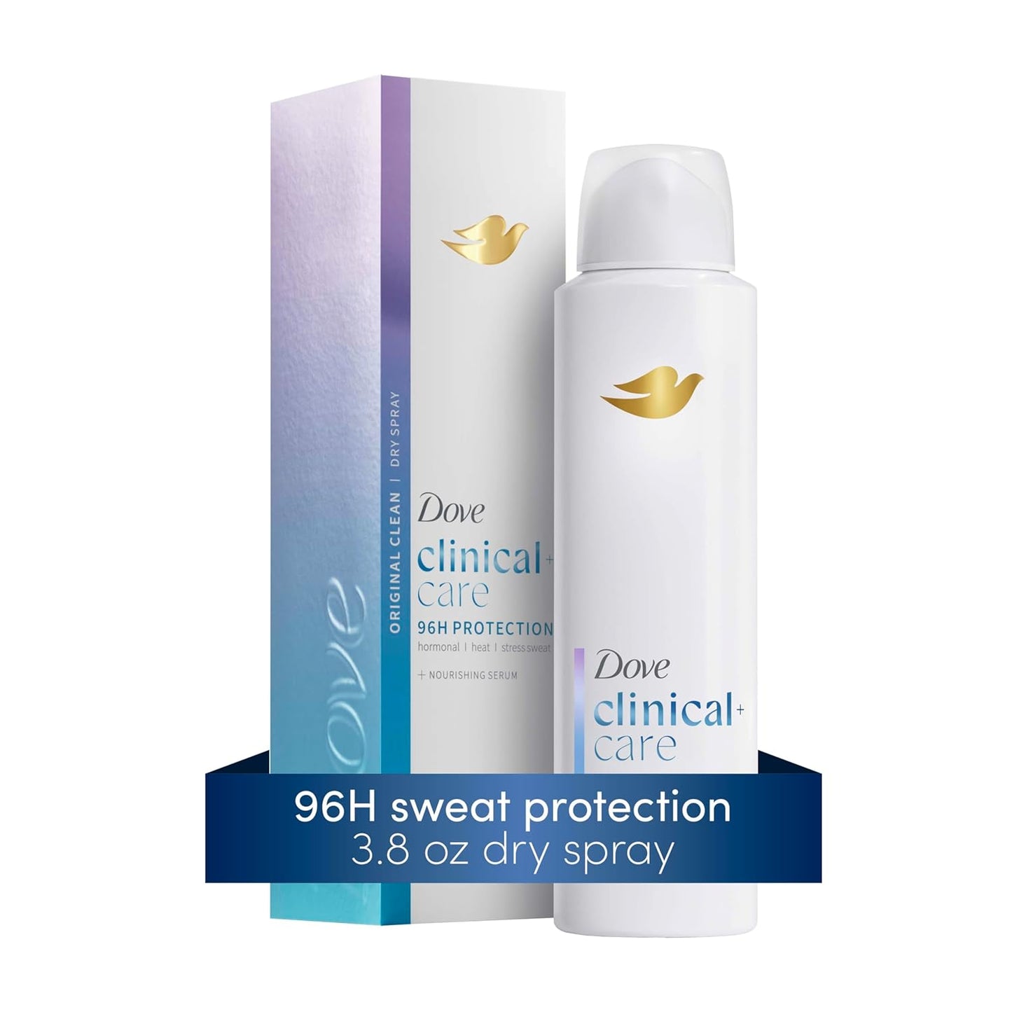 Dove Clinical + Care Antiperspirant Deodorant Dry Spray for Women, 96H Clinical Strength Sweat & Odor Protection, With Nourishing Serum, Original Clean with Fresh Scent, 3.8 oz