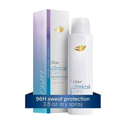 Dove Clinical + Care Antiperspirant Deodorant Dry Spray for Women, 96H Clinical Strength Sweat & Odor Protection, With Nourishing Serum, Original Clean with Fresh Scent, 3.8 oz