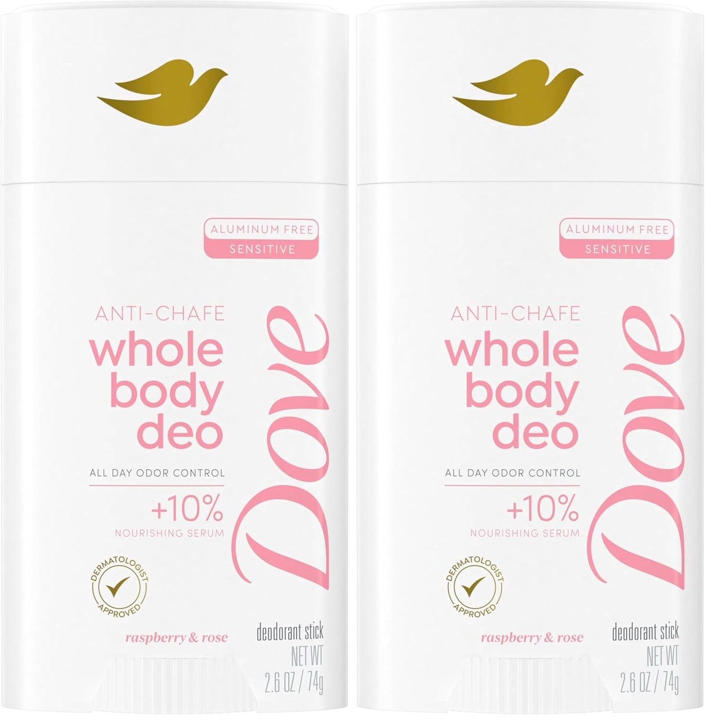 Dove Whole Body Deo Aluminum Free Anti-Chafe Deodorant Stick Raspberry & Rose for 72h Odor Control 2.6 Oz, (Pack of 2)