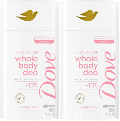 Dove Whole Body Deo Aluminum Free Anti-Chafe Deodorant Stick Raspberry & Rose for 72h Odor Control 2.6 Oz, (Pack of 2)