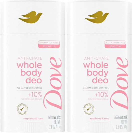 Dove Whole Body Deo Aluminum Free Anti-Chafe Deodorant Stick Raspberry & Rose for 72h Odor Control 2.6 Oz, (Pack of 2)