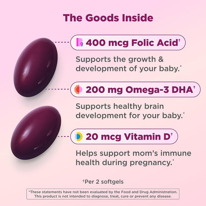OLLY Ultra Strength Prenatal Multivitamin Softgels, Supports Healthy Growth, Brain Development, Iron, Folic Acid, DHA, Vitamins C, E, 30 Day Supply-60 Count (Pack of 2)