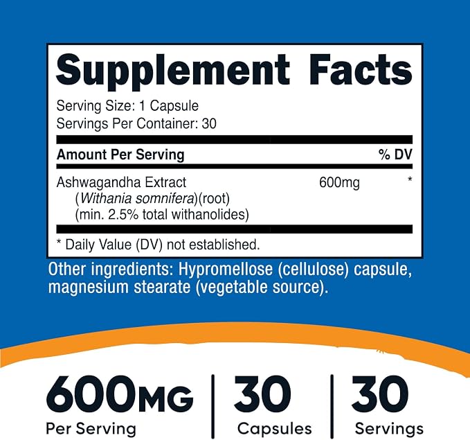 Nutricost Ashwagandha Root Extract Herbal Supplement 600mg, 30 Capsules - Vegetarian, GMO-Free, Gluten Free