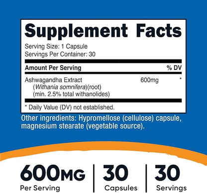 Nutricost Ashwagandha Root Extract Herbal Supplement 600mg, 30 Capsules - Vegetarian, GMO-Free, Gluten Free