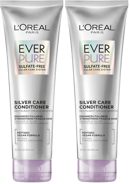 L'Oreal Paris EverPure Silver Care Sulfate Free Conditioner,Brightening and Nourishing Hair Care for Gray and Silver Hair,Vegan Formula with Peptides,8.5 Fl Oz,(Pack of 2)
