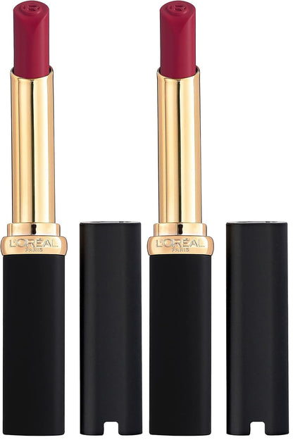 L'Oreal Paris Colour Riche Intense Volume Matte Lipstick, Lip Color Infused with Hyaluronic Acid for up to 16hr All Day Comfort, Le Carmin Courage, 0.06 oz (Pack of 2)