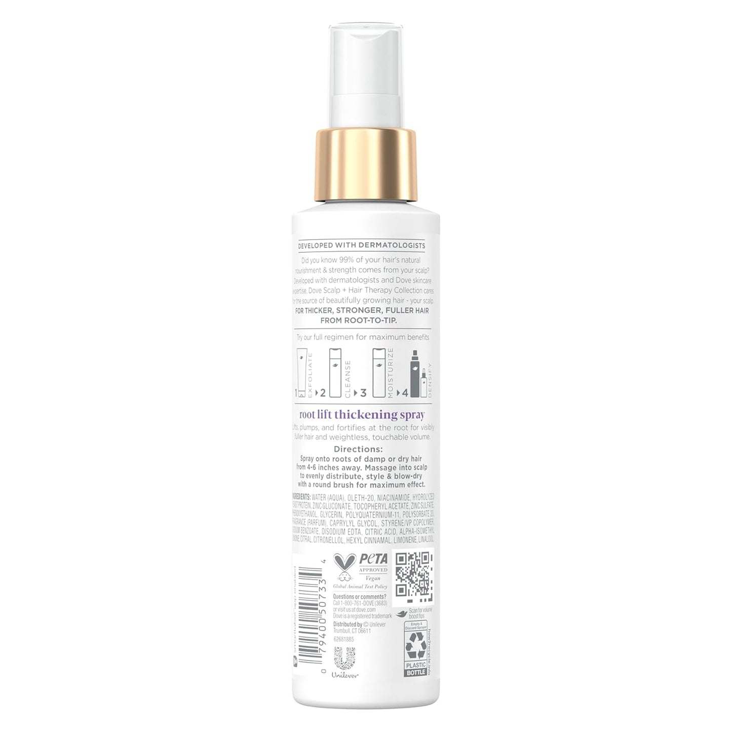 Dove Density Boost Root Lift Thickening Spray for Fuller Hair and Scalp Therapy, with Vitamin B3, Zinc and 0% sulfates, 5 oz