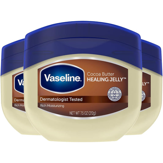 Vaseline Cocoa Butter Healing Jelly, Scented, 3-Pack – Rich Moisturizing Ointment, Petrolatum Skin Protectant for Dry Skin, 7.5 Oz Ea