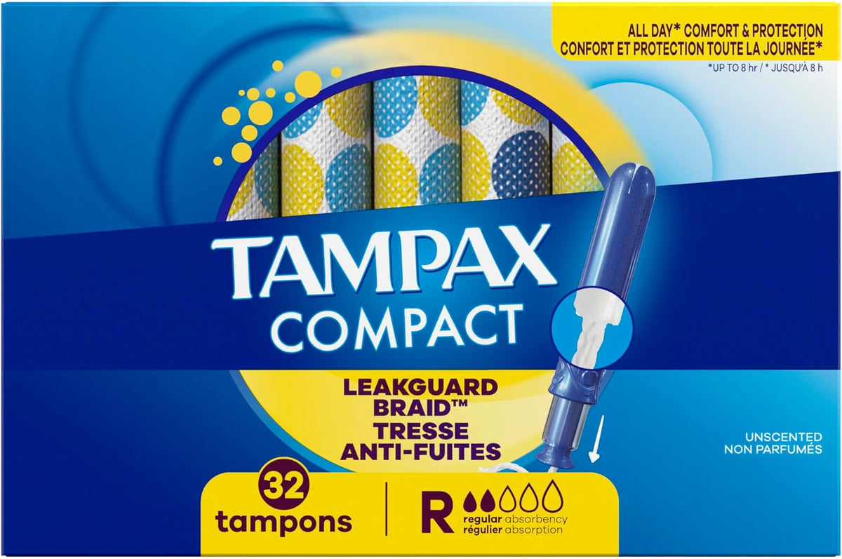 Tampax Compact Pearl Tampons for Women, with LeakGuard Braid & Extendable Applicator, Regular Absorbency, Compact Extendable Applicator, Unscented, 32 Count