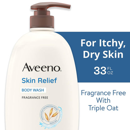 Aveeno Skin Relief Body Wash with Triple Oat Complex, Fragrance-Free, Gentle Daily Body Wash for Sensitive Leaves Itchy, Dry Skin Feeling Soothed & Moisturized, Value Size 33 Fl Oz (Pack of 6)