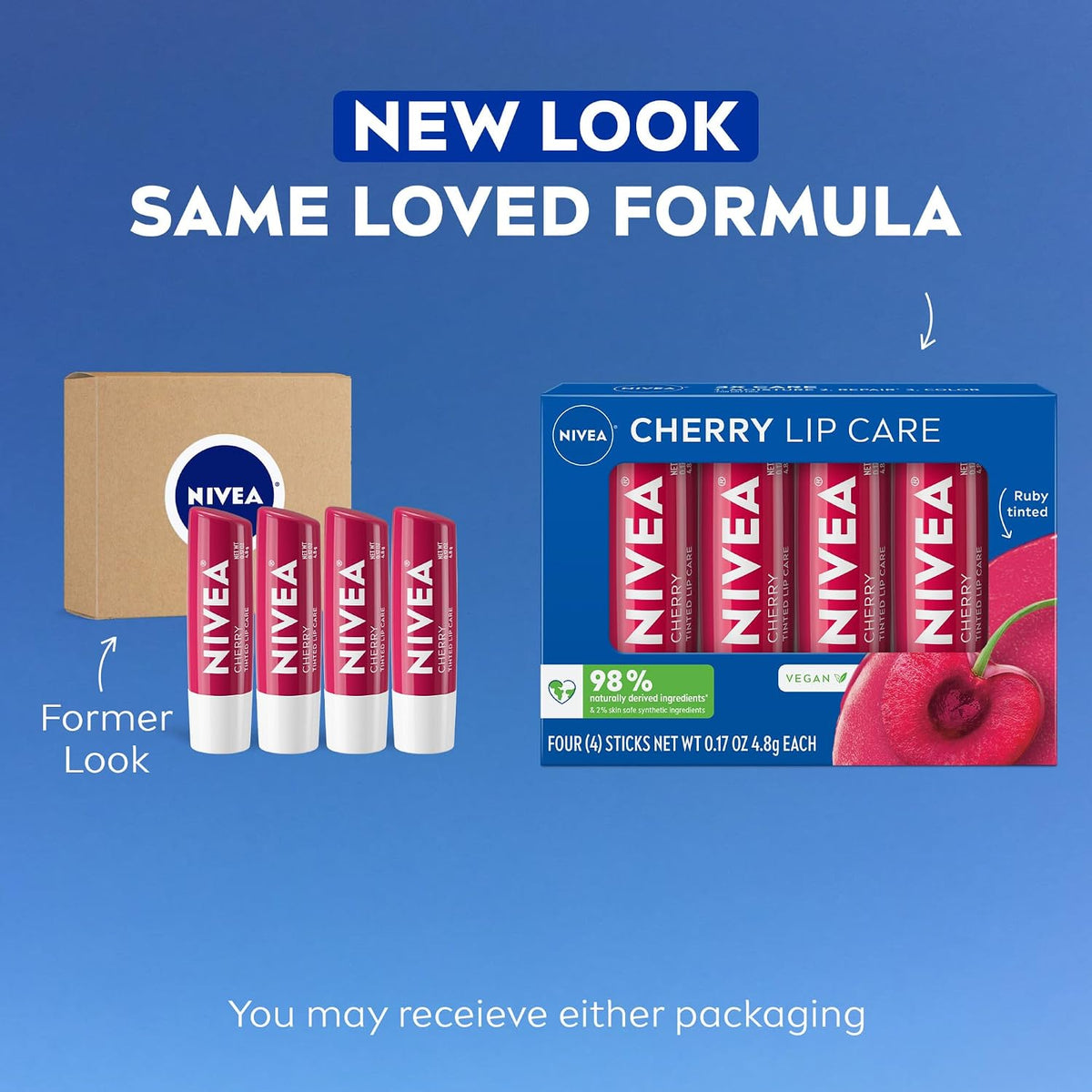 NIVEA Cherry Lip Care, Tinted Lip Balms with Shea Butter, 4 x 0.17 OZ