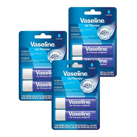 Vaseline Lip Therapy Care Original, Fast-Acting Nourishment, Ideal for Chapped, Dry, Cracked, or Damaged Lips, Lip Balm, 3-Pack of 2, 0.16 Oz Each, 6 Lip Balms
