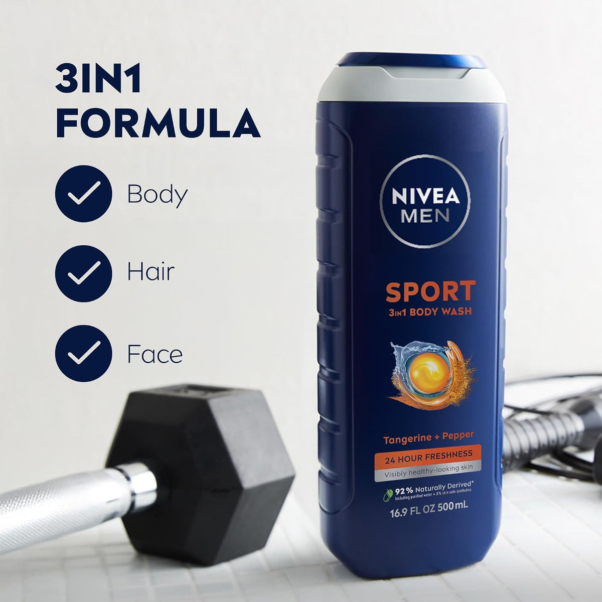 NIVEA MEN Sport 3-in-1 Body Wash, Tangerine and Pepper, 16.9 FL OZ