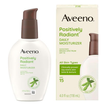 Aveeno Positively Radiant Daily Face Moisturizer with SPF 15 Sunscreen, Hydrating Face Lotion with Soy Extract to Improve Skin Tone and Texture, Hypoallergenic Formula, Oil-Free, 4 Fl Oz (Pack of 12)