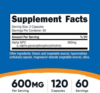 Nutricost Alpha GPC 600mg, 120 Vegetarian Capsules - Non-GMO and Gluten Free, 300mg Per Capsule (Pack of 2)