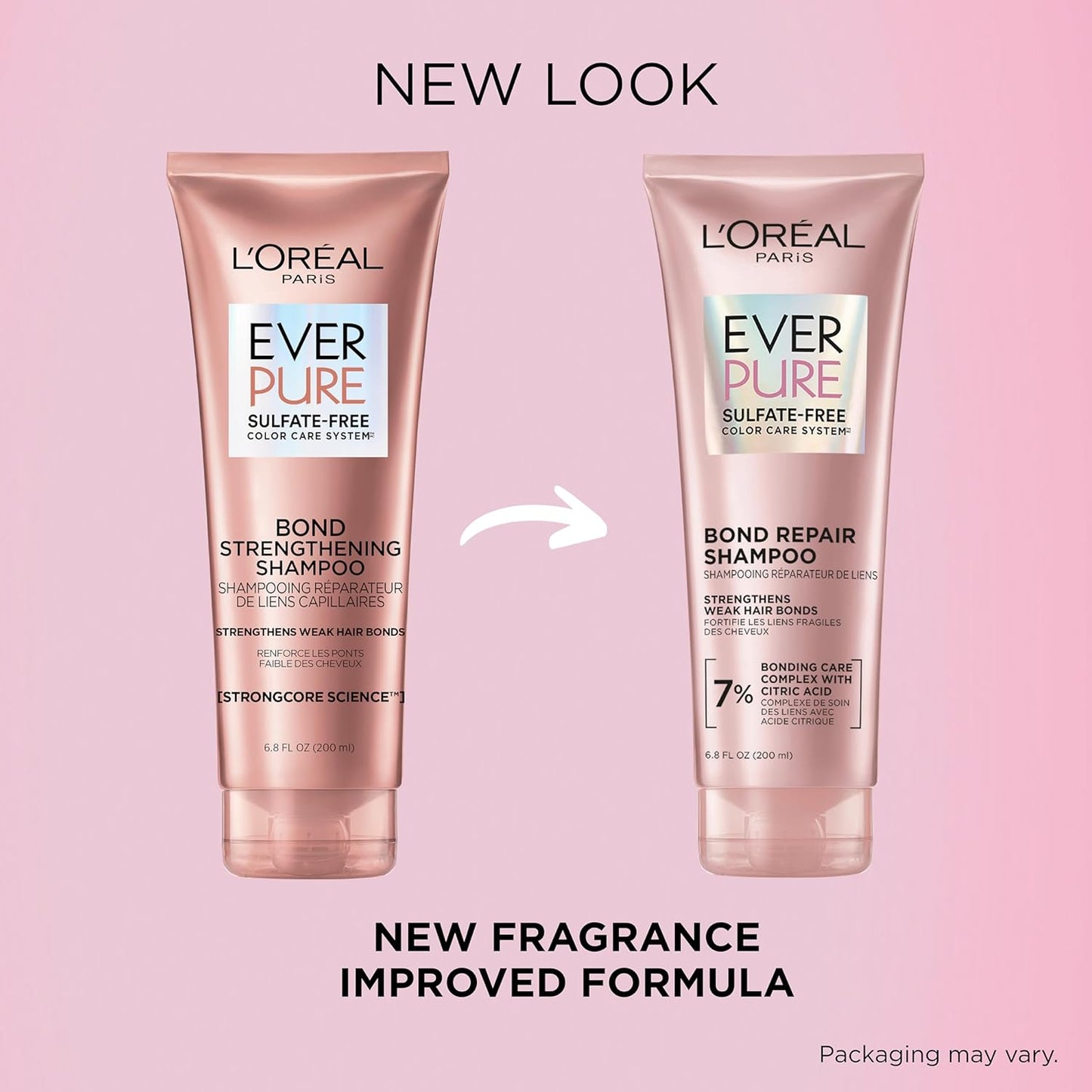 L'Oreal Paris Sulfate Free Bond Repair+ Shampoo,Hair Shampoo with Bond + Amino Acid Complex,Strengthens and Repairs Damaged or Color Treated Hair,EverPure,6.8 Fl Oz (Packaging May Vary),(Pack of 2)