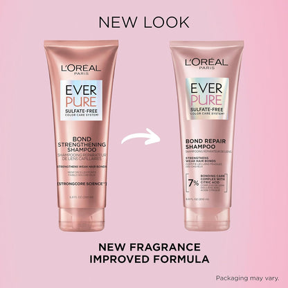 L'Oreal Paris Sulfate Free Bond Repair+ Shampoo,Hair Shampoo with Bond + Amino Acid Complex,Strengthens and Repairs Damaged or Color Treated Hair,EverPure,6.8 Fl Oz (Packaging May Vary),(Pack of 2)