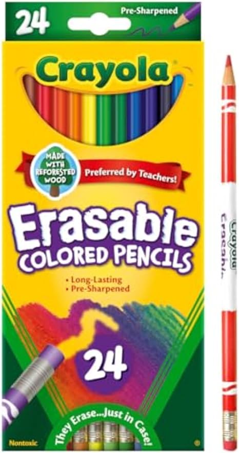 Crayola Erasable Colored Pencils (24ct), Kids Coloring Pencils for Coloring Books, Assorted Colors, Arts & Crafts Supplies, Gifts, Ages 6, 7, 8