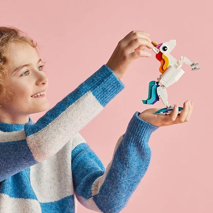 LEGO Creator 3 in 1 Magical Unicorn Toy, Transforms to Seahorse to Peacock, Rainbow Animal Figures, Unicorn Gift for Grandchildren, Girls and Boys, Buildable Toys, 31140