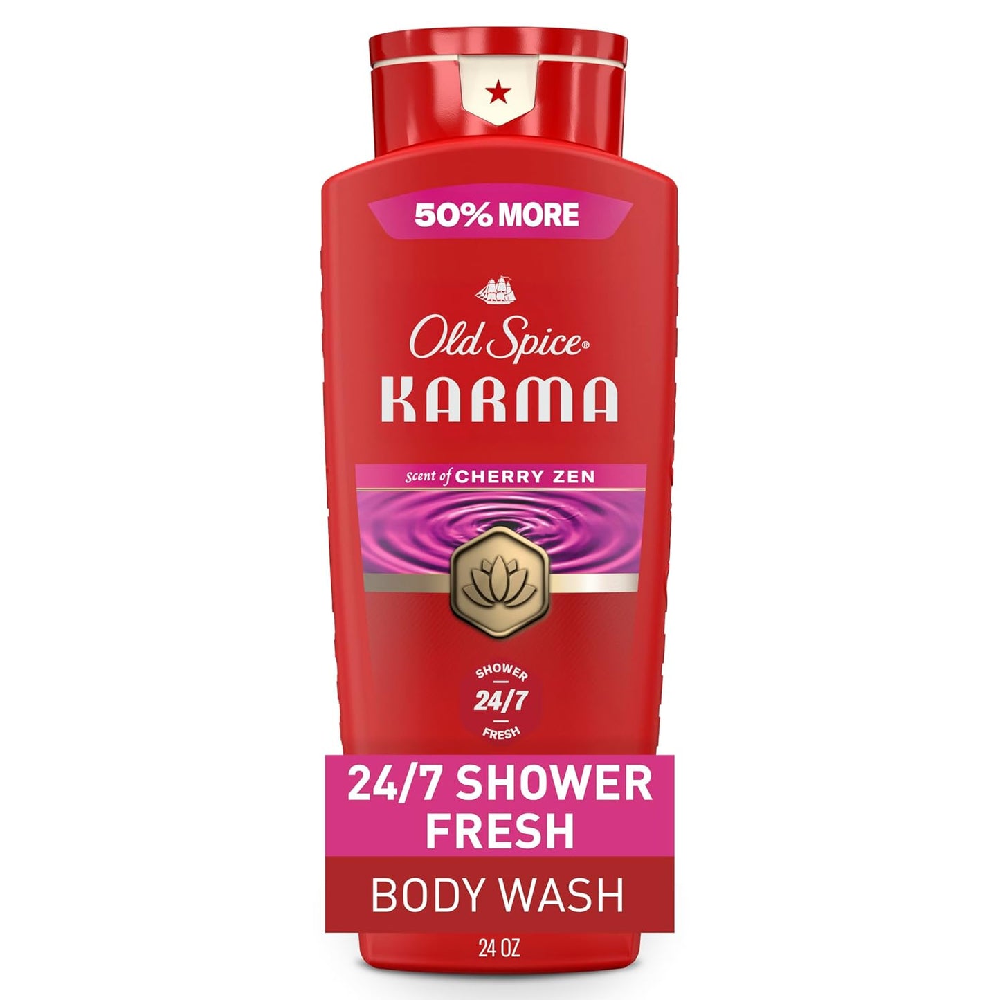 Old Spice Body Wash for Men, 24/7 Shower Fresh & Clean w/Daily Use, Lasting Signature Scent, Refreshing Lather, Moisturizing Formula, Karma with Cherry Spice, Black Pepper, & Sandalwood Scent, 24 oz