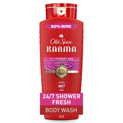 Old Spice Body Wash for Men, 24/7 Shower Fresh & Clean w/Daily Use, Lasting Signature Scent, Refreshing Lather, Moisturizing Formula, Karma with Cherry Spice, Black Pepper, & Sandalwood Scent, 24 oz