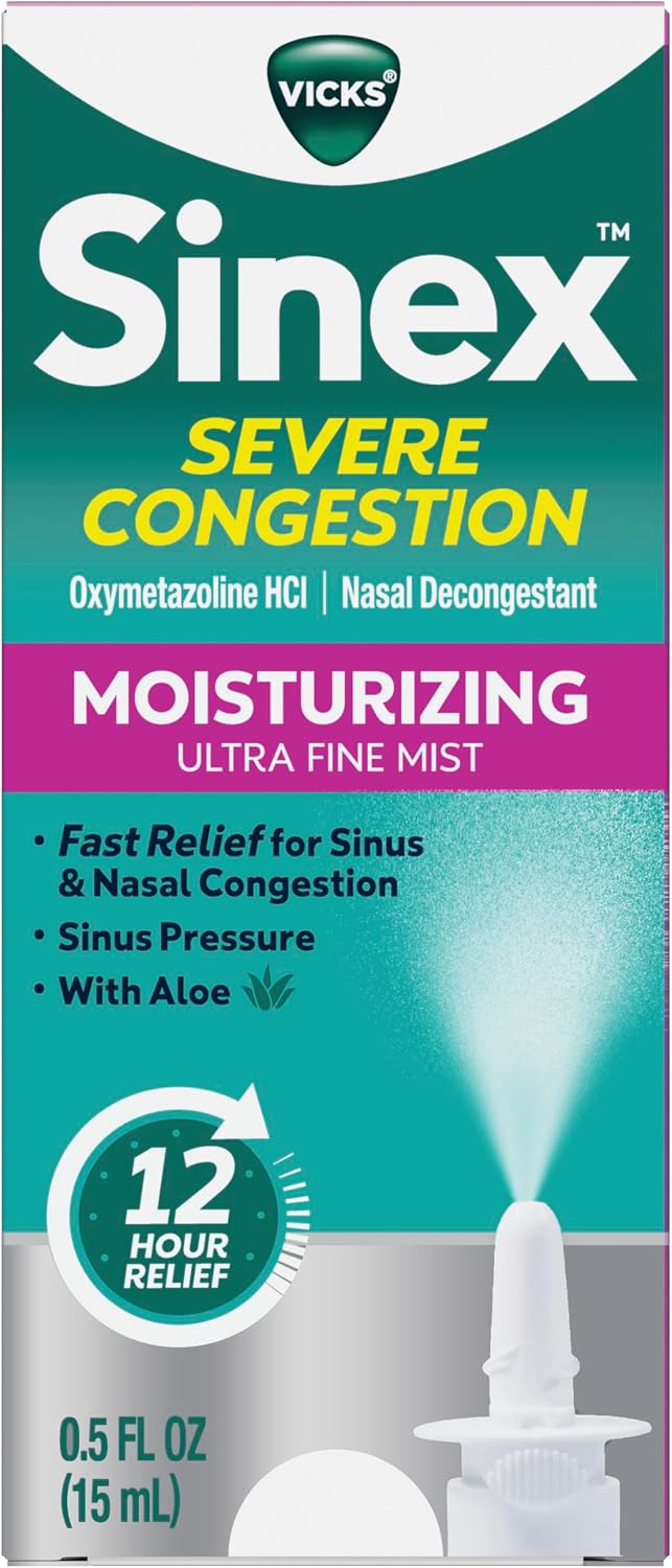 Vicks Sinex Severe Nasal Spray with Moisturizing Ultra Fine Mist, Decongestant for Stuffy Nose Relief from Cold, Allergy, Sinus Pressure - 265 Sprays