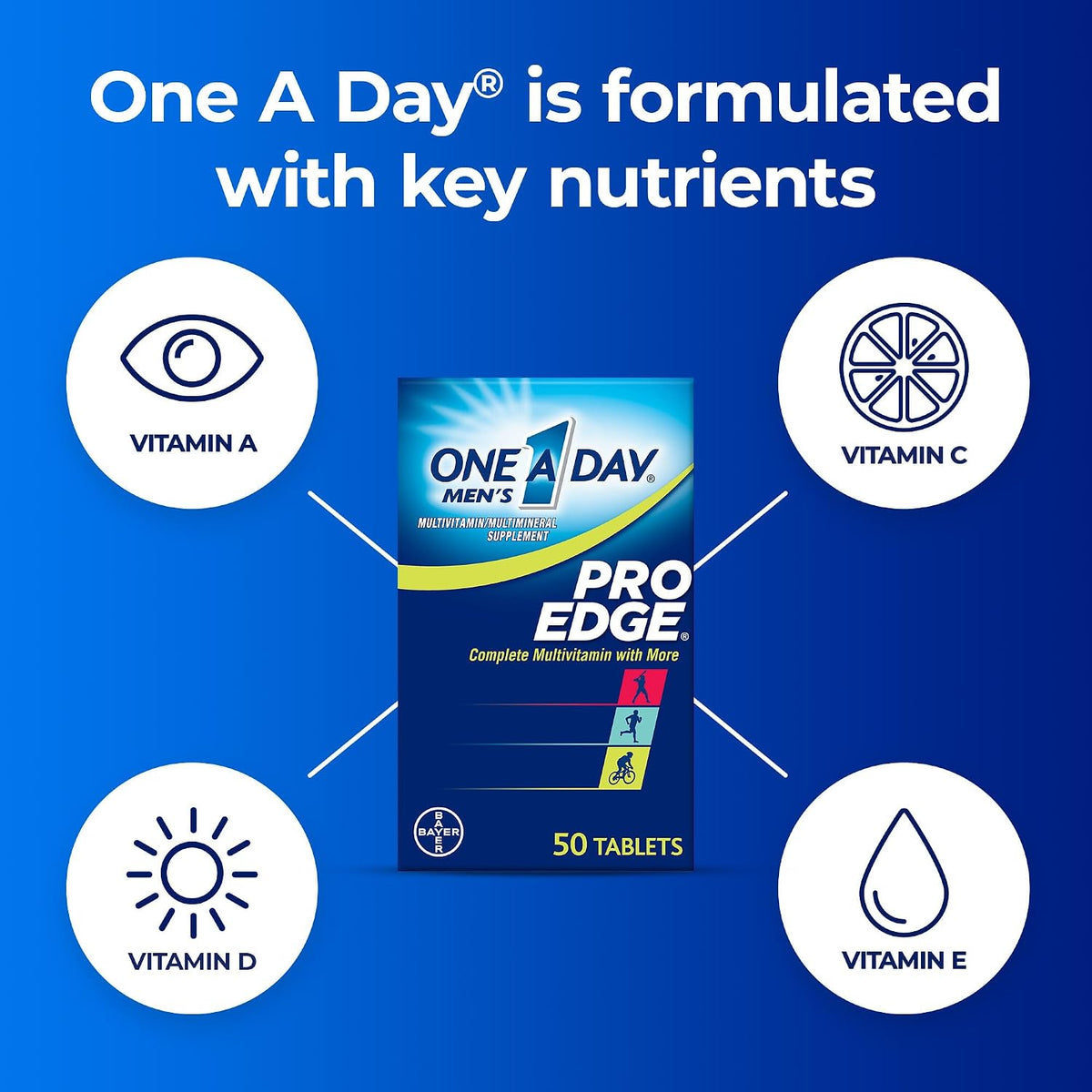 One A Day Men’s Pro Edge Multivitamin, Supplement with Vitamin A,C,D, E and Zinc for Immune Health Support and Magnesium for Healthy Muscle Function, 50 Count