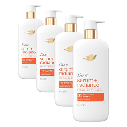 Dove Serum Body Wash Glow Recharge illuminates & Exfoliates skin with brightening Vitamin C Serum 18.5 Fl Oz (Pack of 4)