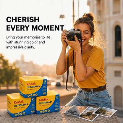 Kodak GC/UltraMax 400 35mm Color Negative Film (3-Pack) – 24 Exposures per Roll, ISO 400, Daylight-Balanced Print Film + TSC Microfiber Cloth