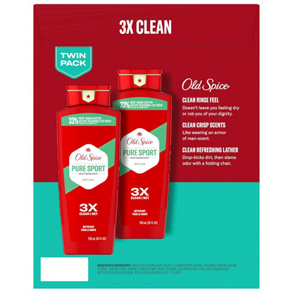 Old Spice Refreshing Body Wash for Men, High Endurance, 3X Defense, 24/7 Shower Fresh with Long Lasting Scent, Pure Sport Scent, 24 oz (Pack of 2)