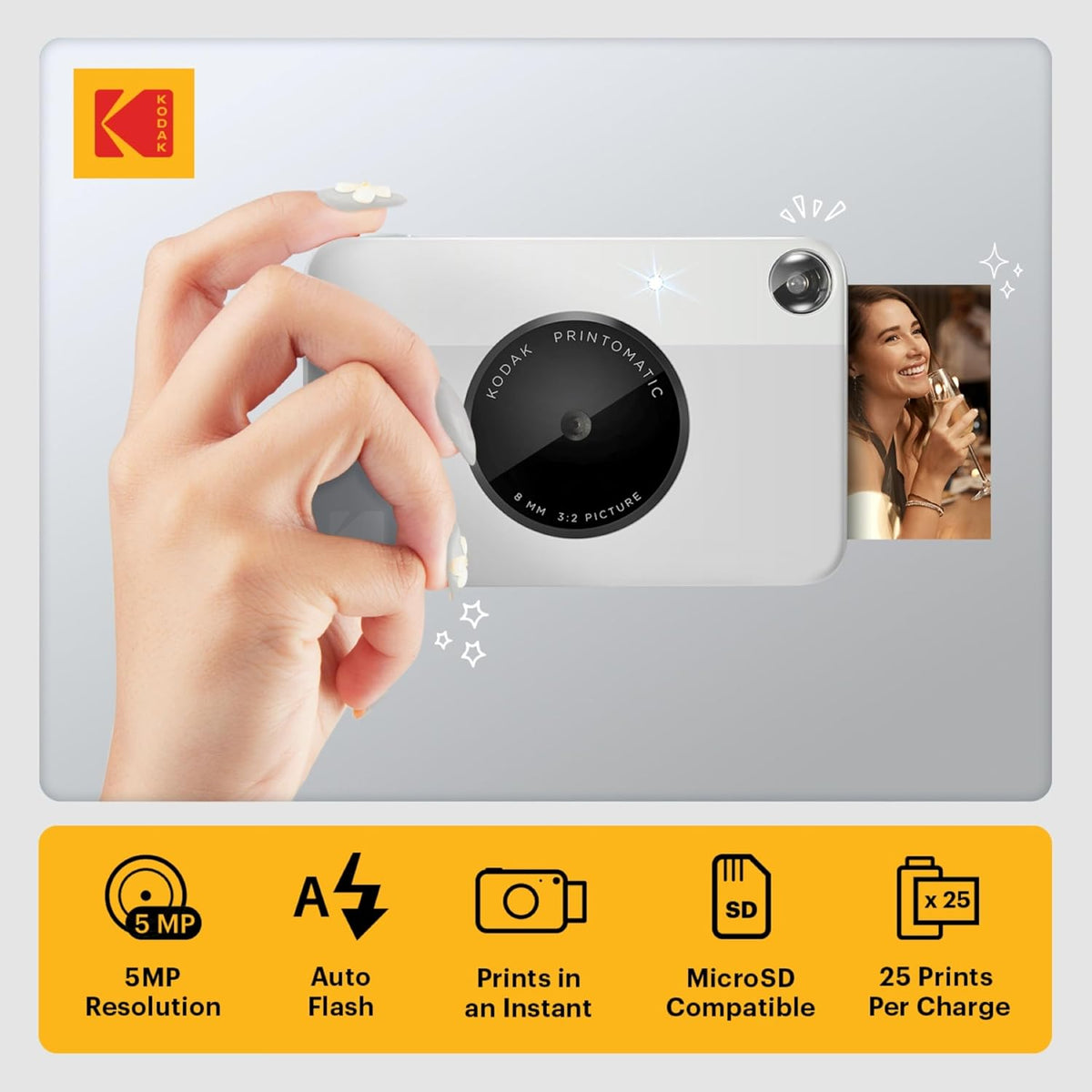 Kodak Printomatic Full-Color Instant Print Digital Camera - 75 Sheets Bundle - Prints On Zink 2x3 Sticky-Back Photo Paper - 5MP, Portable, Creative Fun Gift for Birthday, Christmas, Holiday - Grey