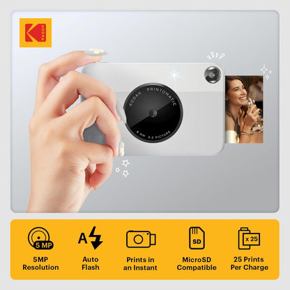 Kodak Printomatic Full-Color Instant Print Digital Camera - 75 Sheets Bundle - Prints On Zink 2x3 Sticky-Back Photo Paper - 5MP, Portable, Creative Fun Gift for Birthday, Christmas, Holiday - Grey
