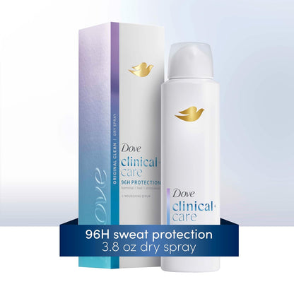 Dove Clinical + Care Antiperspirant Deodorant Dry Spray for Women, 96H Clinical Strength Sweat & Odor Protection, With Nourishing Serum, Original Clean with Fresh Scent, 3.8 oz