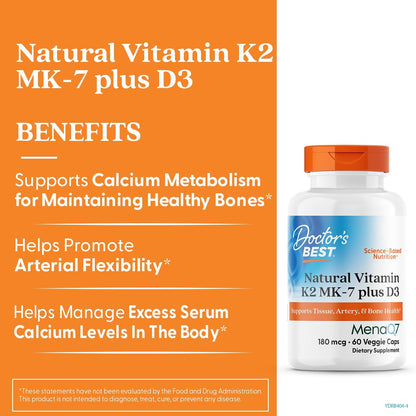 Doctor's Best Natural Vitamin K2 MK-7 Plus D3, Non-GMO, 60 Veg Caps