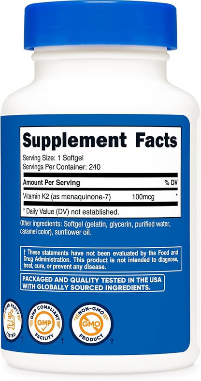 Nutricost Vitamin K2 MK-7 100 mcg, 240 Softgels, Gluten Free, GMO-Free