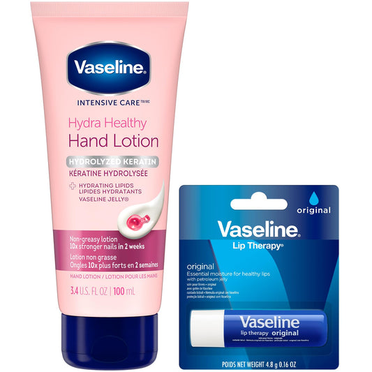 Vaseline Lotion & Lip Therapy Bundle – Healthy Hands Stronger Nails with Keratin Intensive Care Hand Lotion + Original Lip Balm Tube