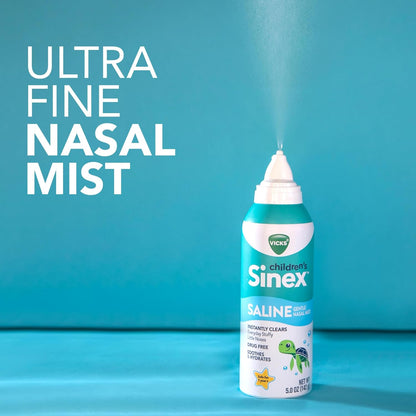 Vicks Sinex, Children's Saline Nasal Spray, Drug Free Ultra Fine Mist with Hint of Aloe, Ages 1+, Fast Everyday Stuffy Nose Relief for Kids, Clear Mucus from a Cold or Allergy, 5 OZ x 2