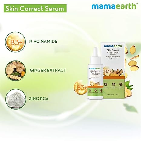 Mamaearth Skin Correct Face Serum | with Niacinamide and Ginger Extract to Reduce Acne Marks and Scars | Hydrating Serum Minimizes Open Pores | 1.01 Fl Oz/30ml | Lightweight serum texture suitable for daily skincare routines.