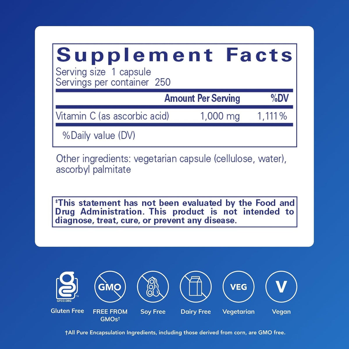Pure Encapsulations Ascorbic Acid Capsules, 250 Capsules