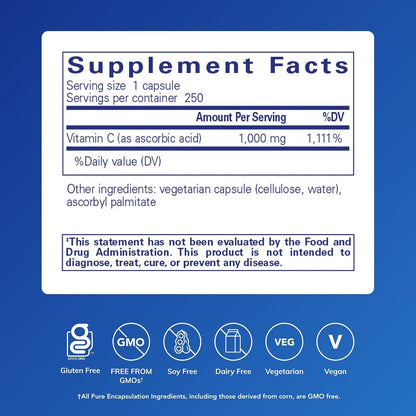 Pure Encapsulations Ascorbic Acid Capsules, 250 Capsules