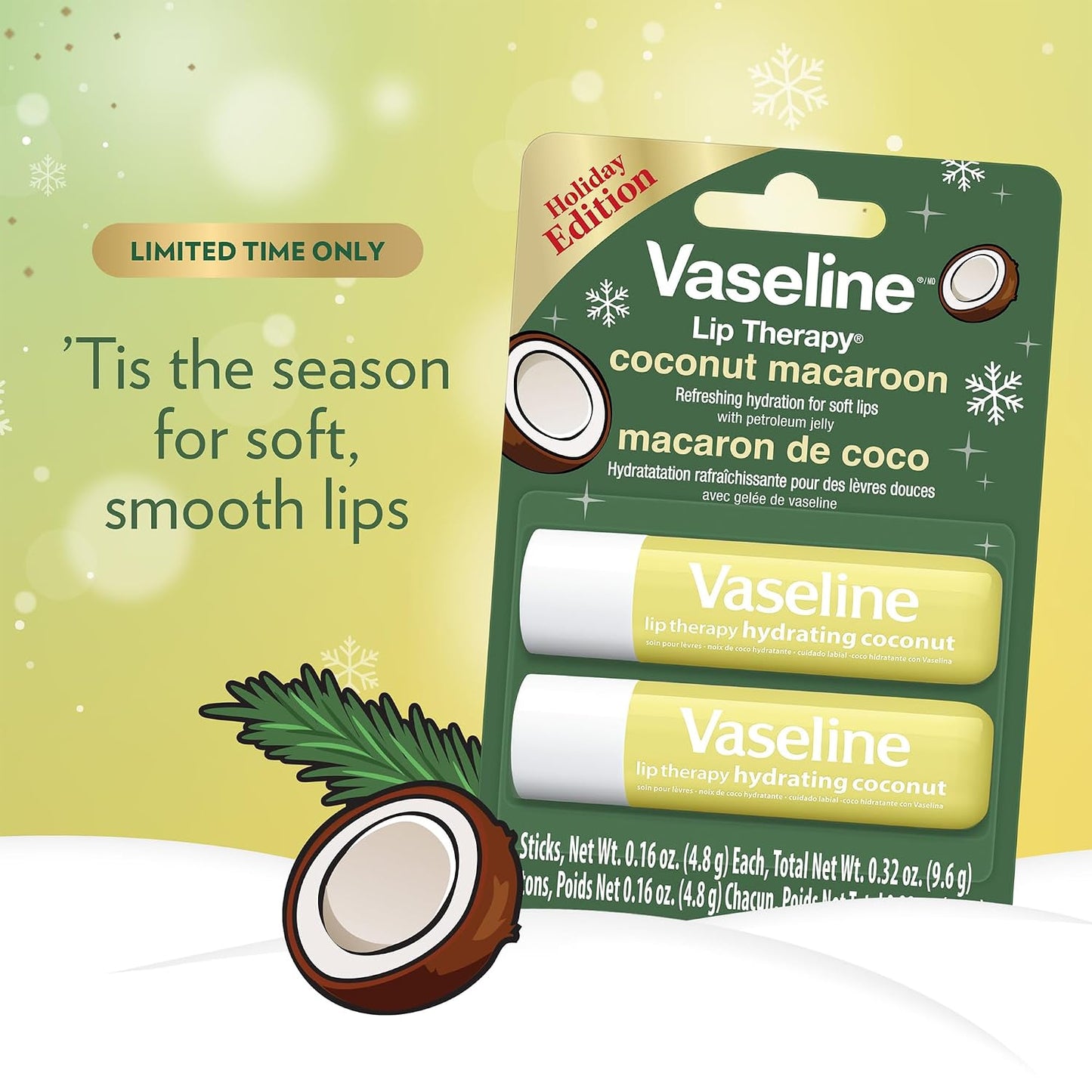 Vaseline Lip Therapy Coconut Macaron Lip Balm Bulk, 12 Twin Packs (24 Sticks) + Lip Protectant, Stocking Stuffers, Secret Santa, 0.32 Oz Ea