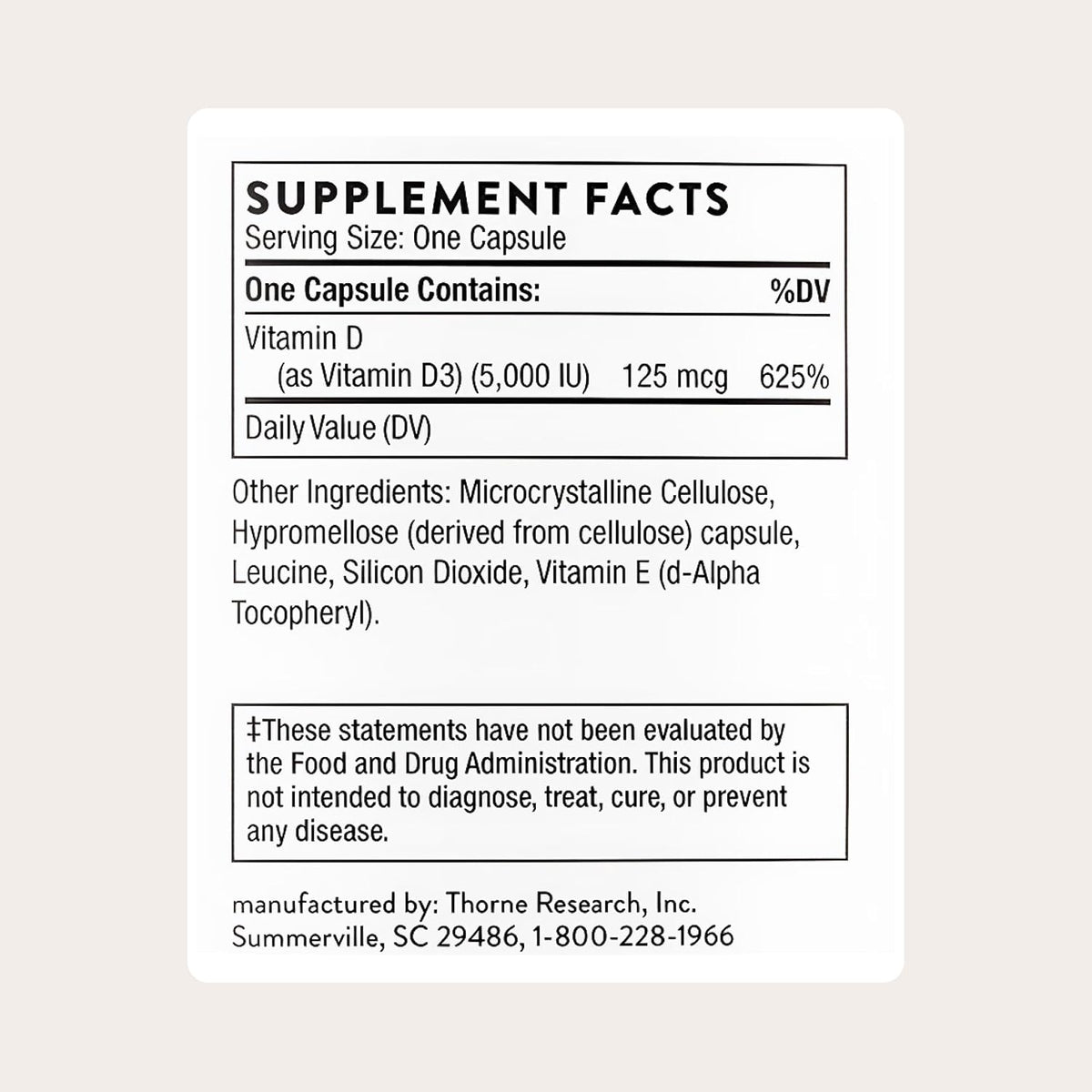 THORNE Vitamin D-5,000, Vitamin D3 Supplement, 5,000 IU, 120 Capsules