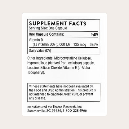 THORNE Vitamin D-5,000, Vitamin D3 Supplement, 5,000 IU, 120 Capsules