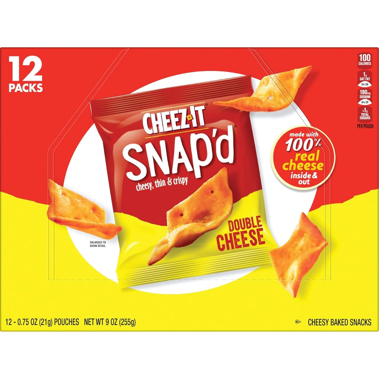 Cheez-It Snap'd Cheese Cracker Chips, Thin Crisps, Lunch Snacks, Double Cheese, 9oz Box (12 Pouches)