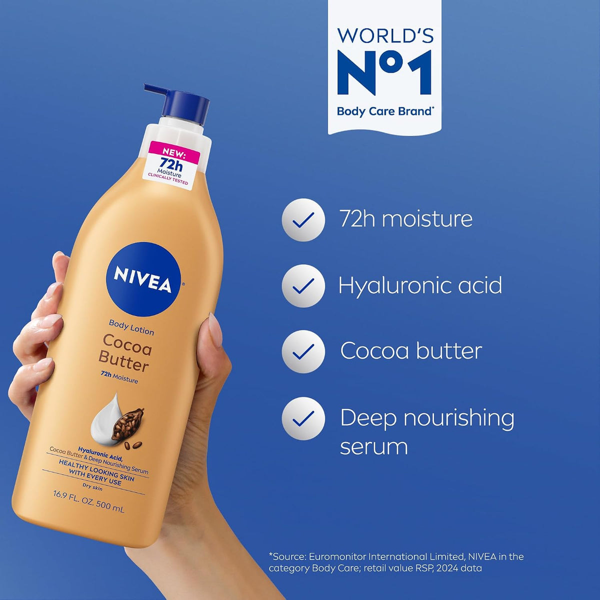 NIVEA Cocoa Butter Body Lotion for Dry Skin with Hyaluronic Acid, 16.9 Oz