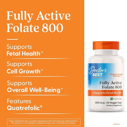 Doctor's BEST Folate Supplement 800 mcg for Women & Men, 60 Veg Caps
