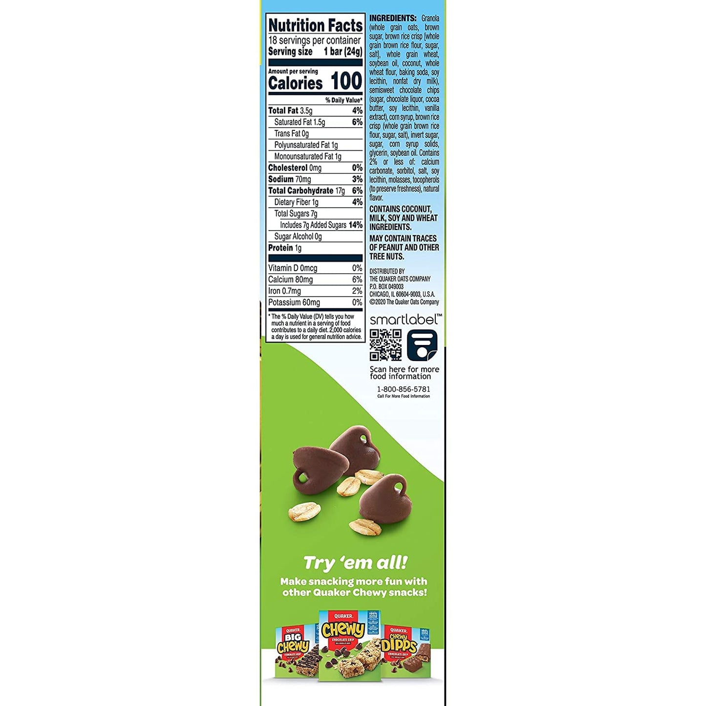 Quaker Chewy Granola Bars Chocolate Chip, 0.84 Oz, 18 Ct, Pack of 1