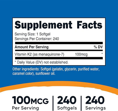 Nutricost Vitamin K2 MK-7 100 mcg, 240 Softgels - Gluten Free and GMO-Free MK7 (Pack of 2)