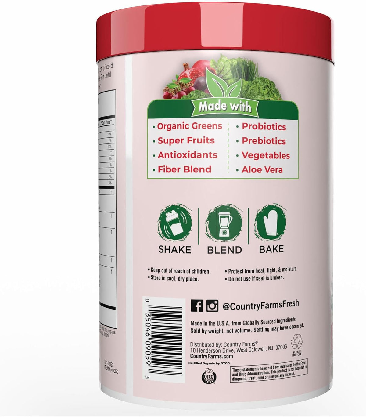 Country Farms Organic Super Greens Powder, Daily Greens Drink Mix with 50 Organic Superfoods, Fruits, Vegetables, Fiber, Mushrooms & Probiotics for Gut Health, Digestion & Energy, Berry Flavor