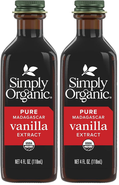 Simply Organic Pure Madagascar Vanilla Extract, 4-Ounce Glass Jar, Certified Organic, Sugar-Free Flavor For Smoothies (Pack of 2)
